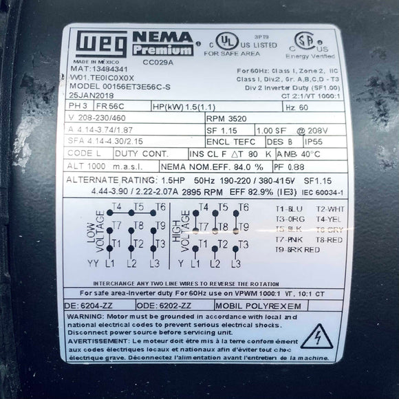 00156ET3E56C-S WEG 1.5HP General Purpose Electric Motor, 3600RPM