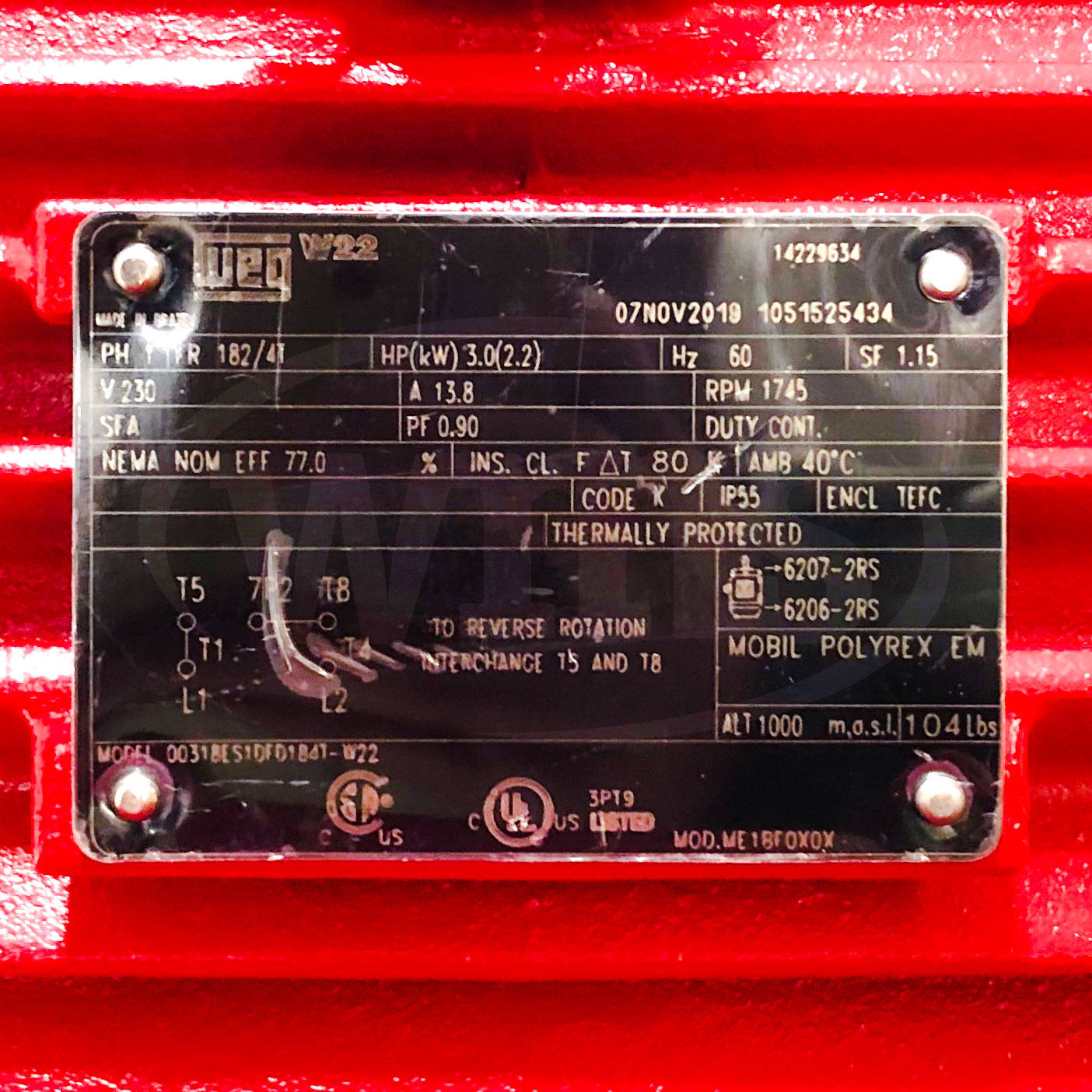 00318ES1DFD184T-W22 WEG 3HP Farm Duty Electric Motor, 1800RPM