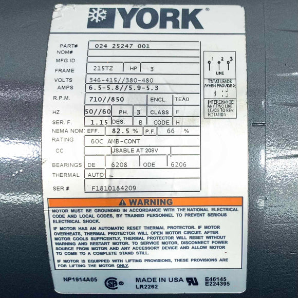 02425247001 York 3HP Electric Motor, 3PH, 710//850RPM