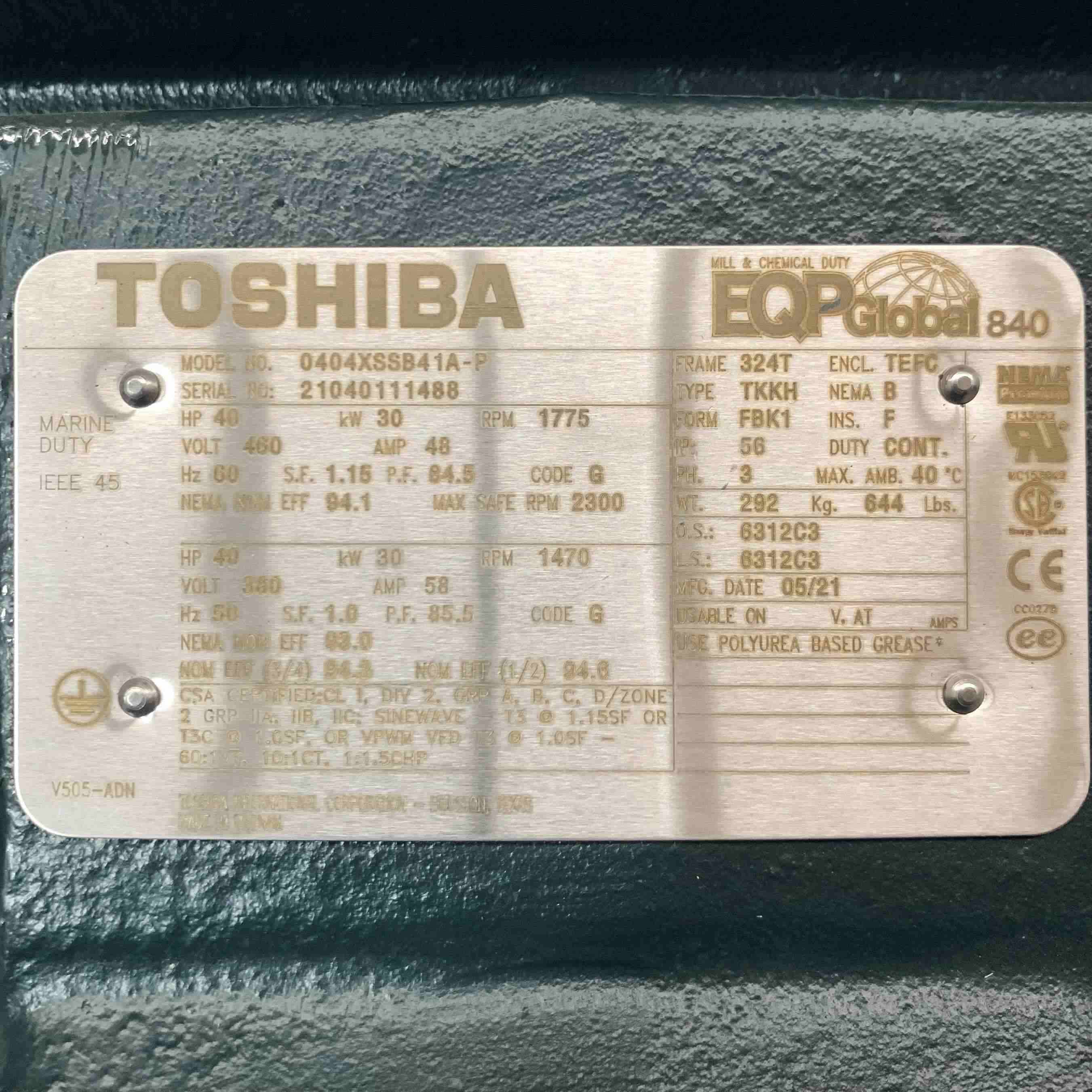 0404XSSB41A-P Toshiba 40 HP Electric Motor, 1775 RPM, 460V, 30kW