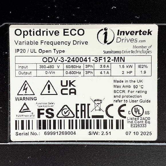 ODV-3-240041-3F12-MN Invertek Drives Optidrive ECO Variable Frequency Drive