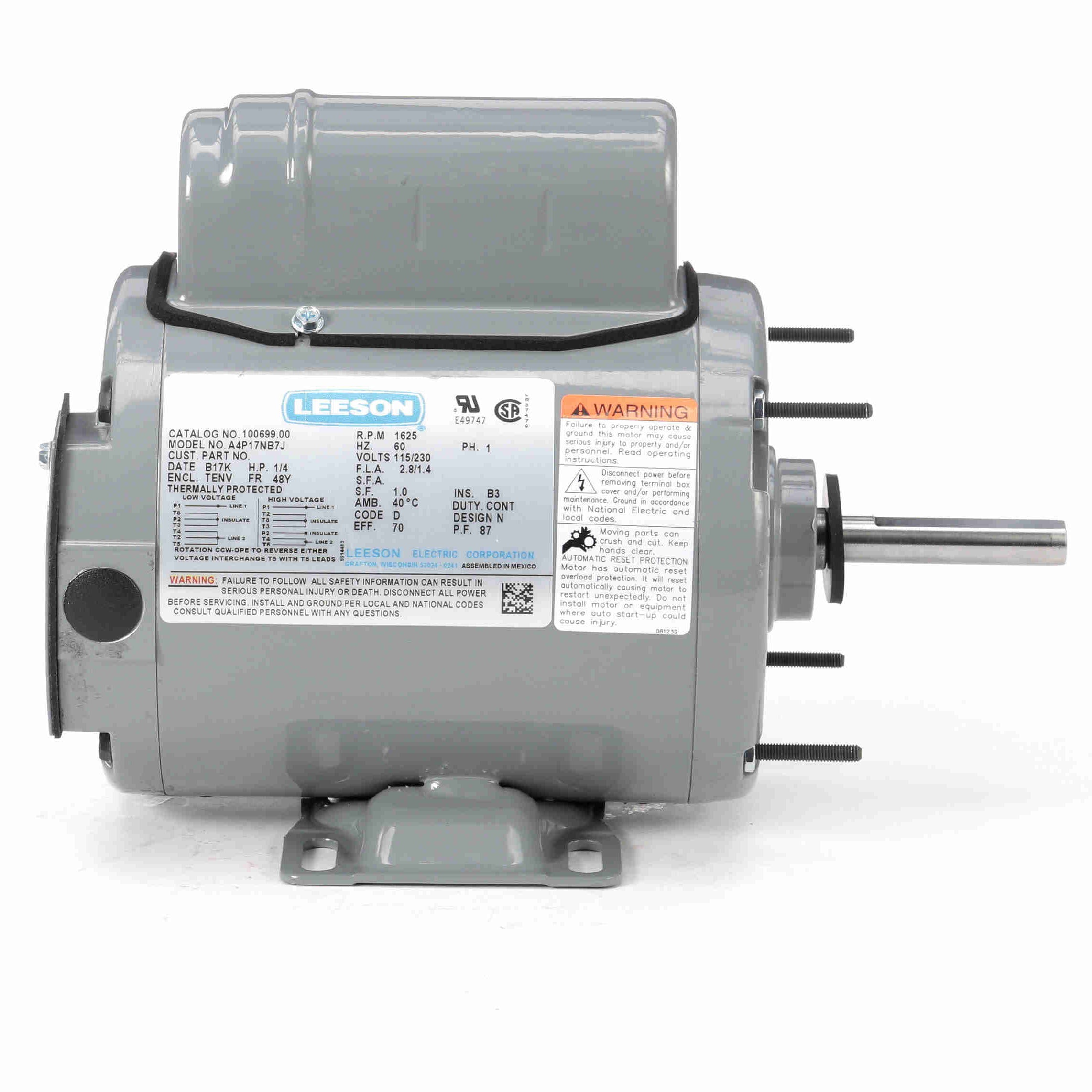 100699.00 Leeson 1/4HP 2-Winding Agriculture Fan Duty Electric Motor, 1625RPM - 0
