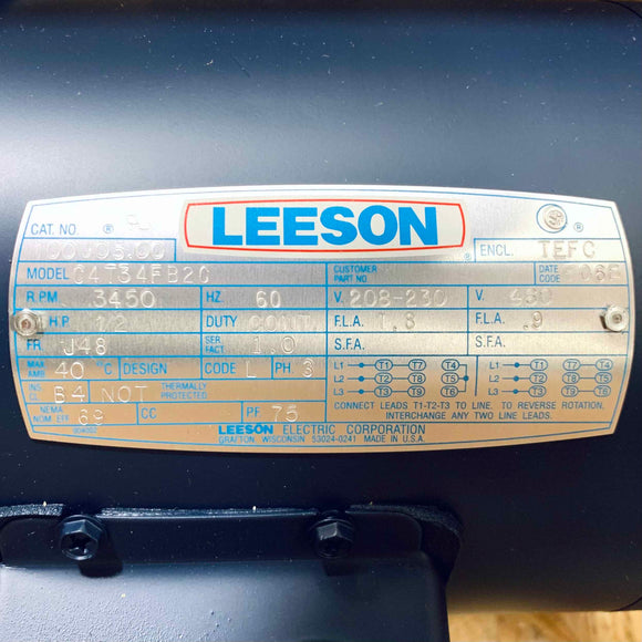 100905.00 Leeson 1/2 HP  Electric Motor, 3450 RPM, 208-230V, FR: J48