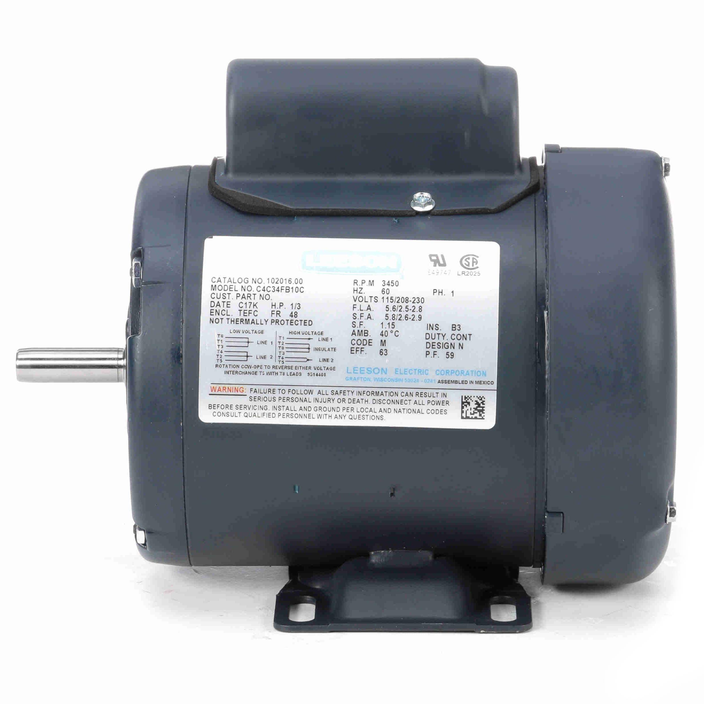 102016.00 Leeson 1/3HP General Purpose Electric Motor, 3600RPM - 0