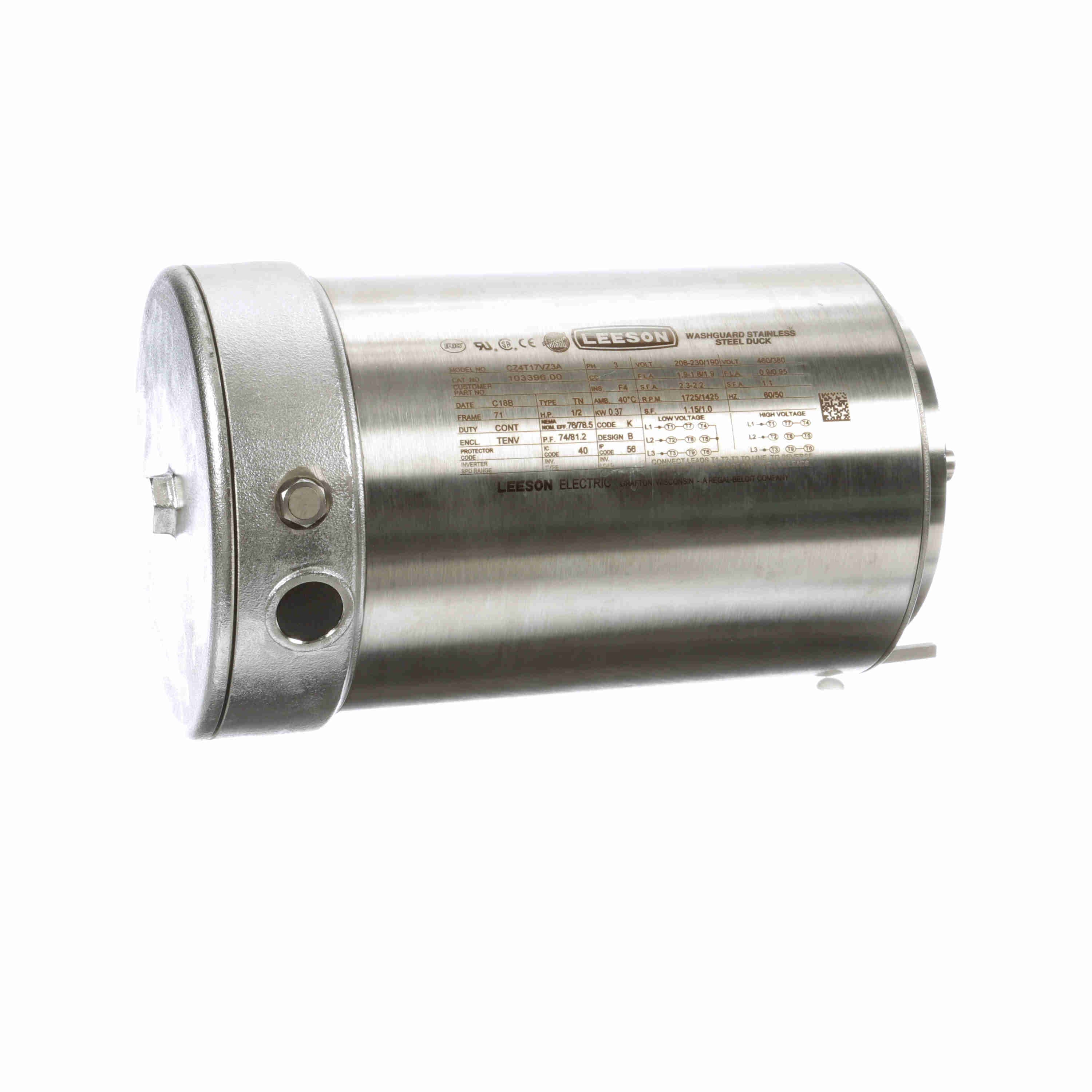 103396.00 Leeson 0.50HP/0.37kW IEC Metric Washguard Electric Motor, 1800RPM