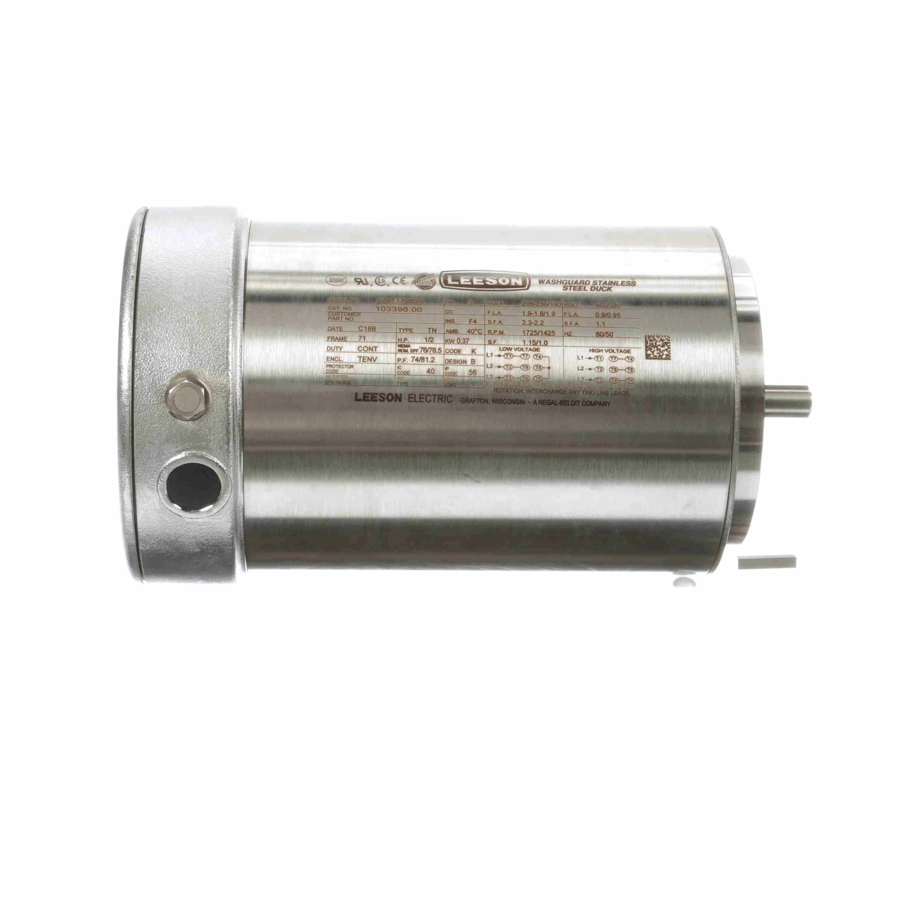 103396.00 Leeson 0.50HP/0.37kW IEC Metric Washguard Electric Motor, 1800RPM