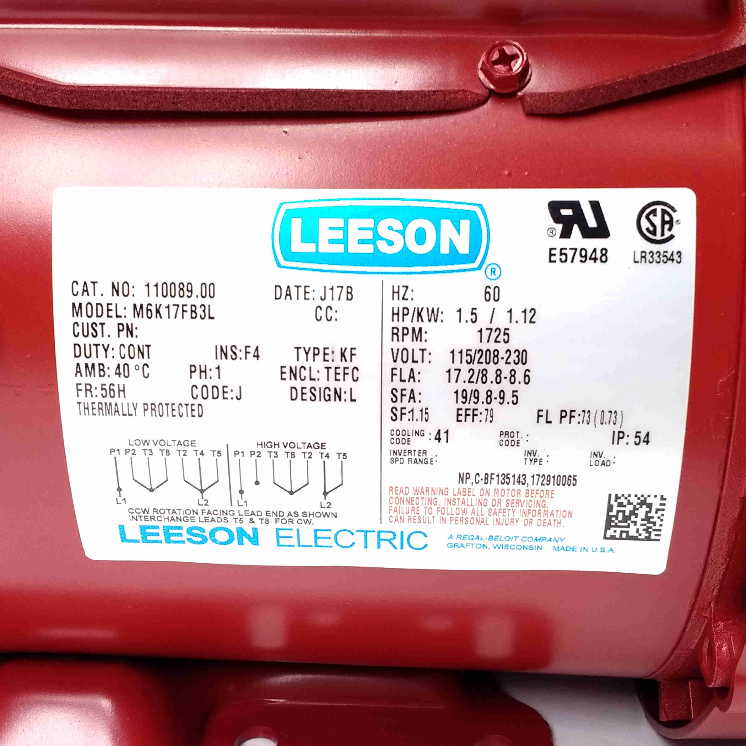 1.5HP Leeson Farm Duty/General Purpose Electric Motor