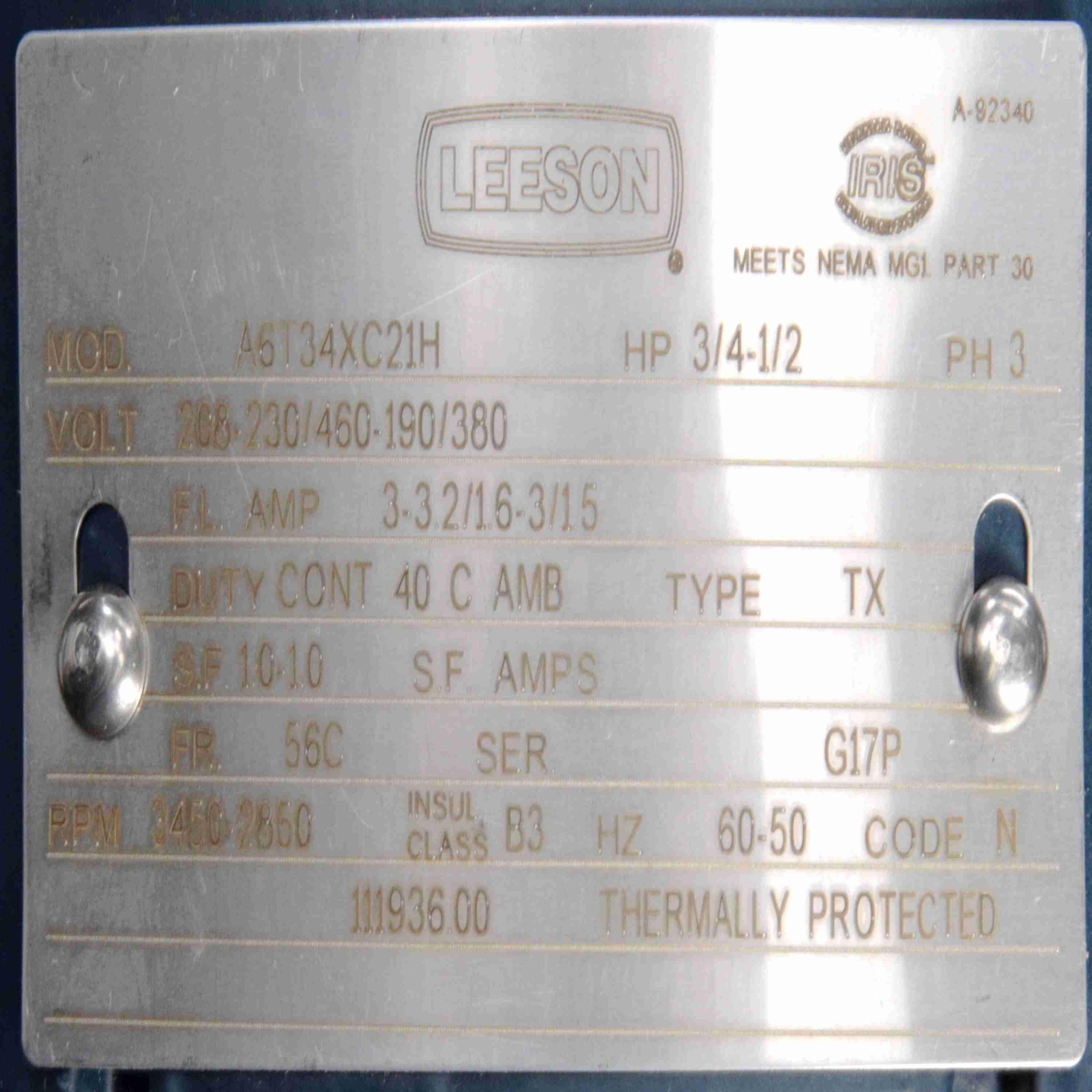 111936.00 Leeson 3/4HP Explosion Proof Electric Motor, 3600RPM