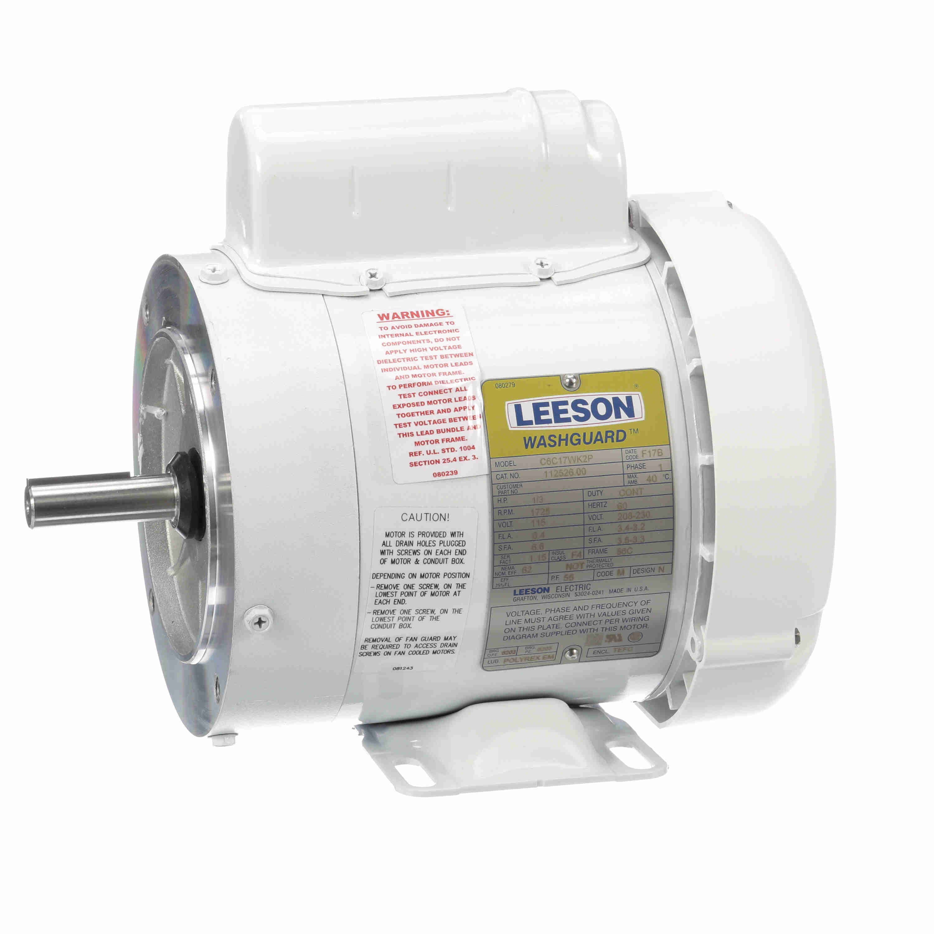 Leeson Washguard Electric Motor, 1/3HP, 1800RPM - 0