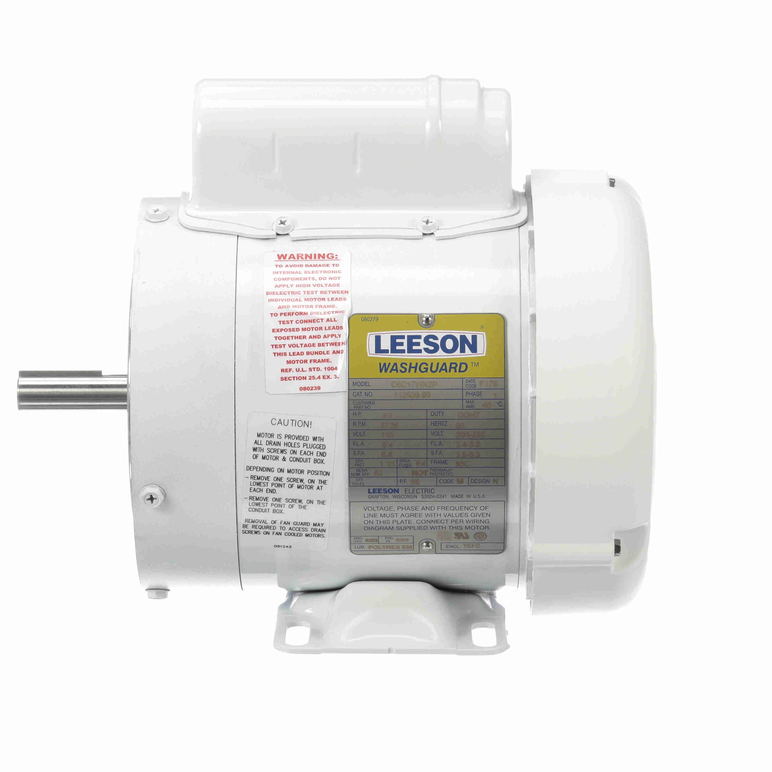 Leeson Washguard Electric Motor, 1/3HP, 1800RPM