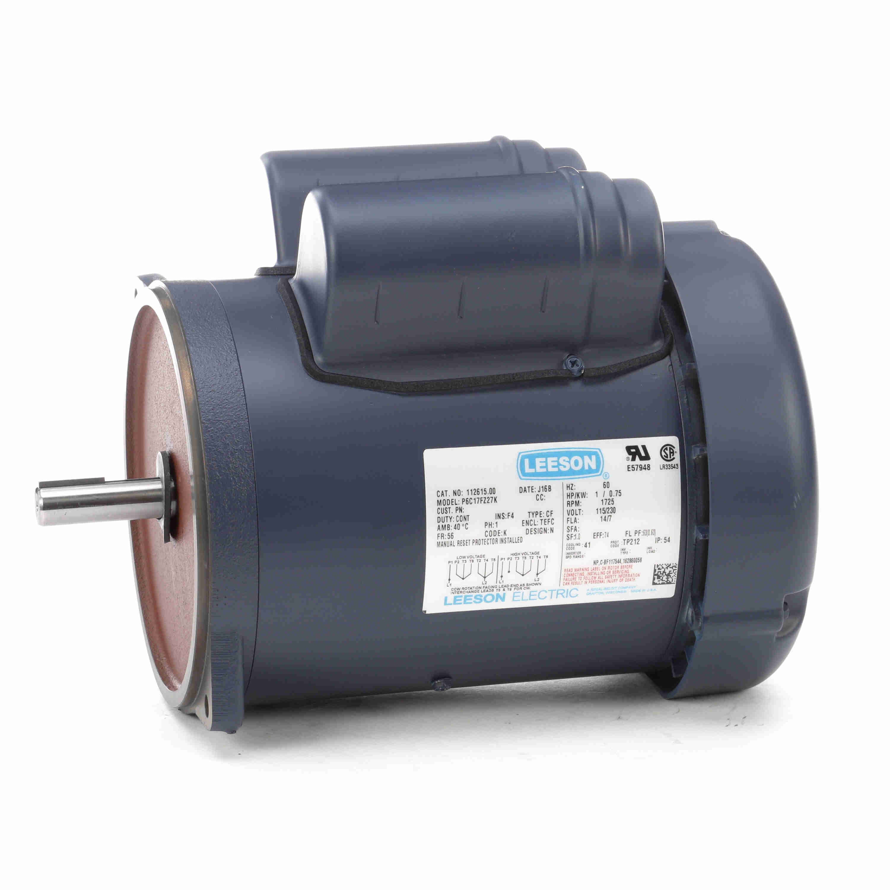 112615.00 Leeson 1HP Agriculture Duty Feed Auger Drive Electric Motor, 1800RPM