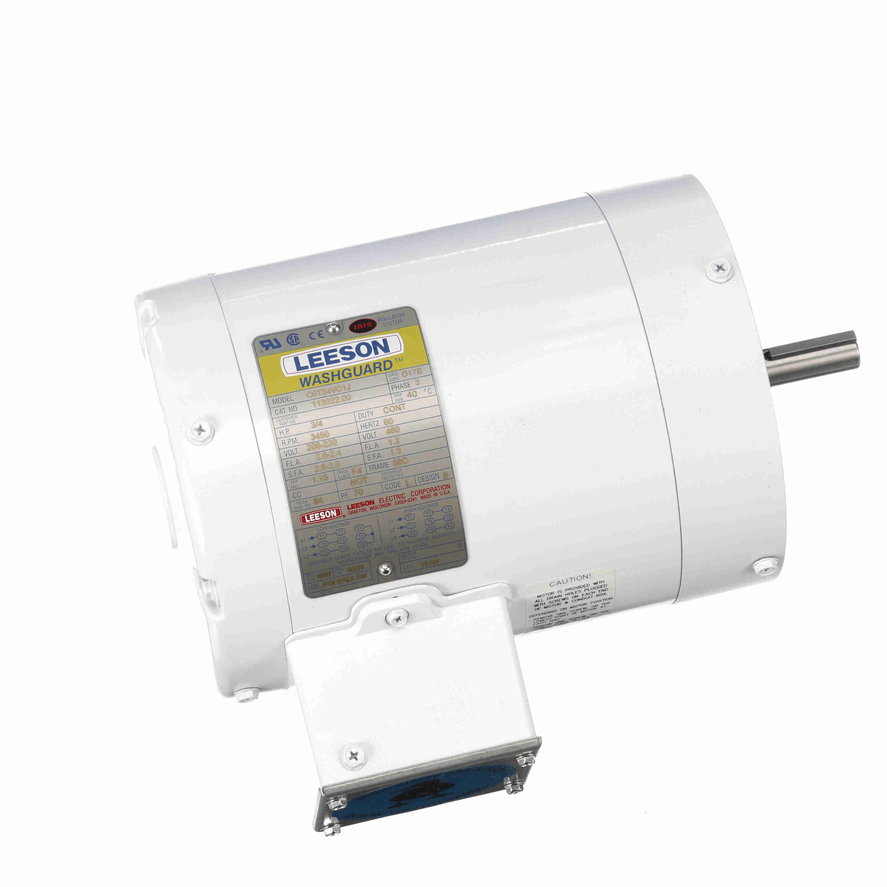 Leeson Washguard Electric Motor, 3/4 HP, 3600 RPM - 0