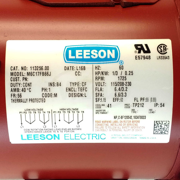 113256.00 1/3HP Leeson Farm Duty Electric Motor