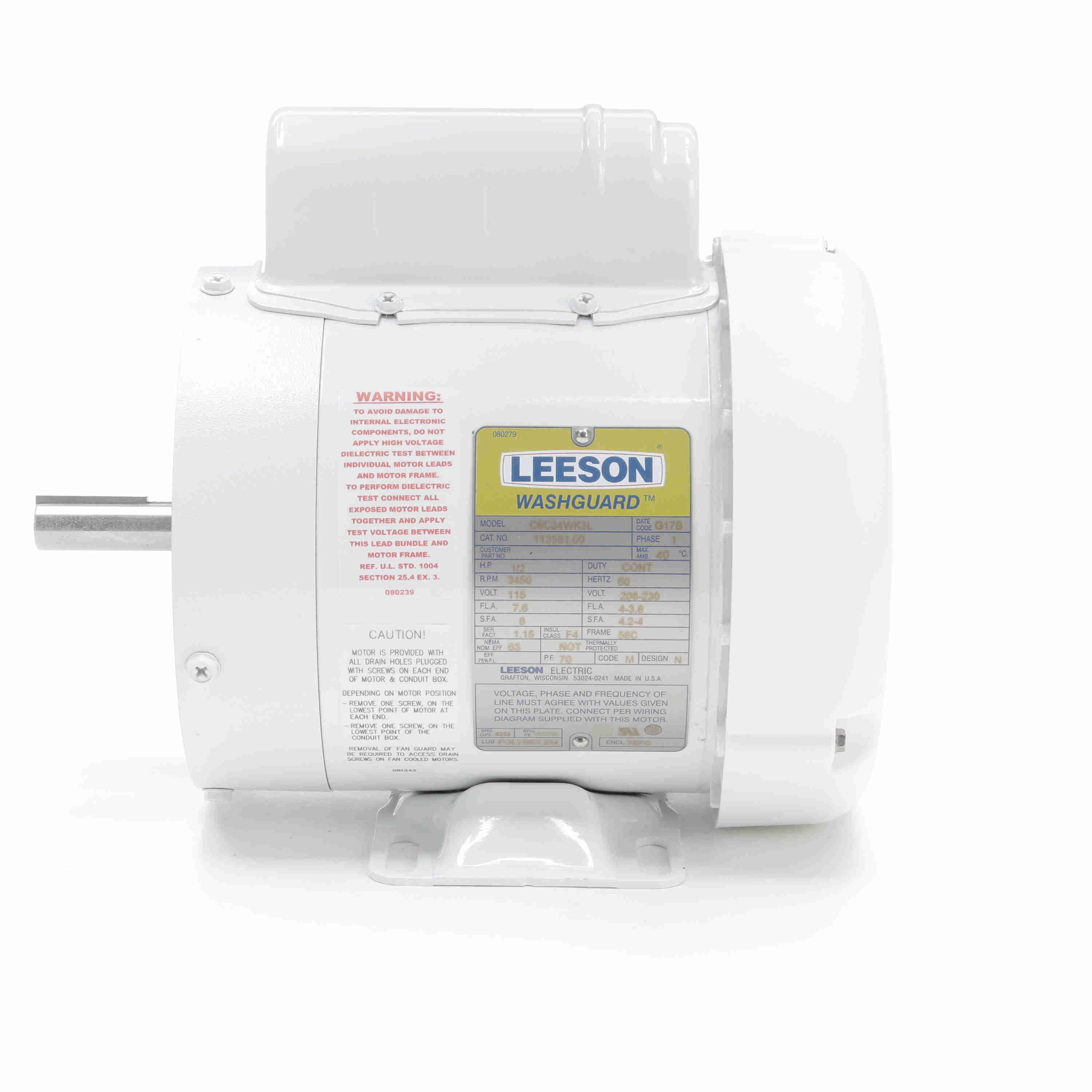 Leeson Washguard Electric Motor, 1/2HP, 3450RPM