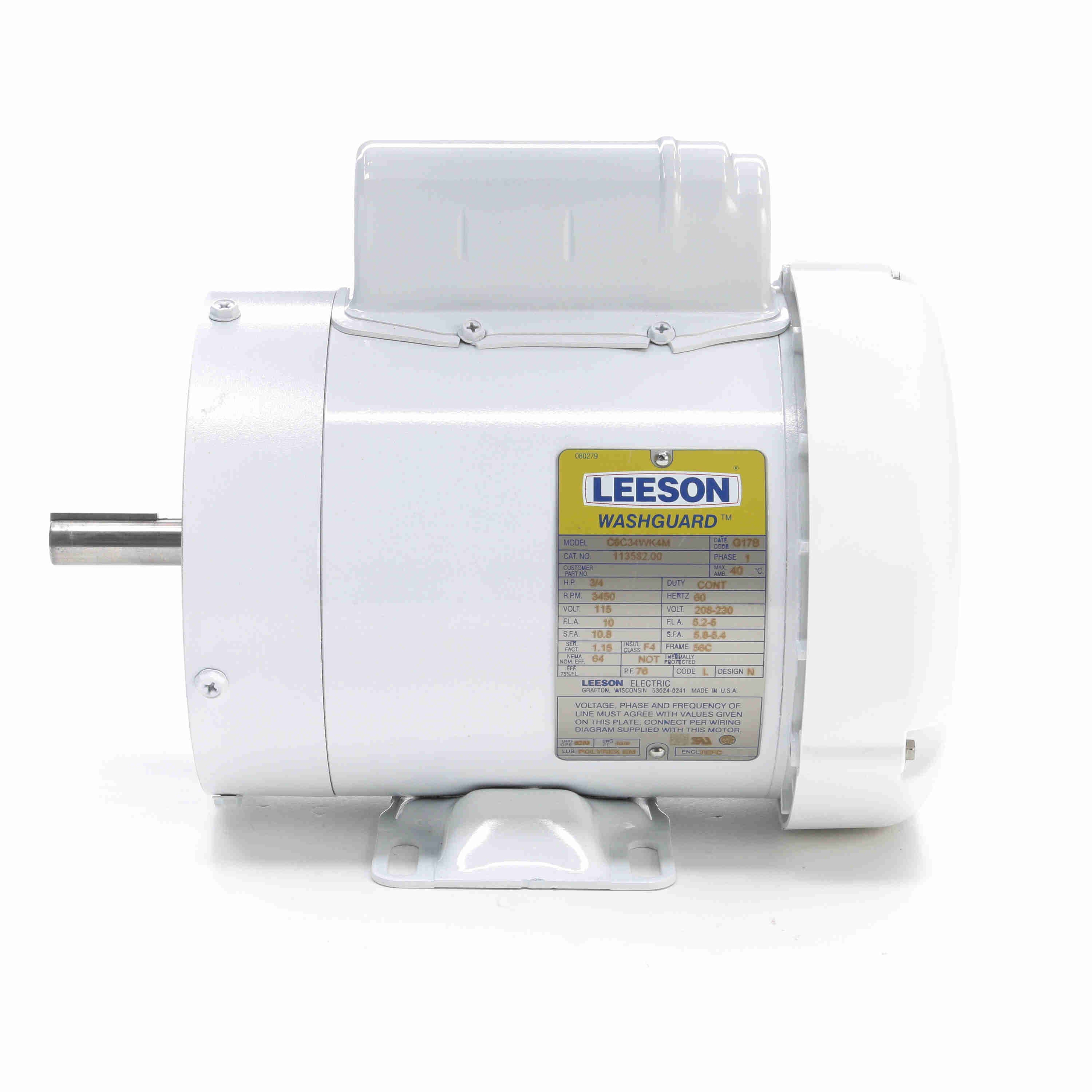 Leeson Washguard Electric Motor, 3/4HP, 1800RPM