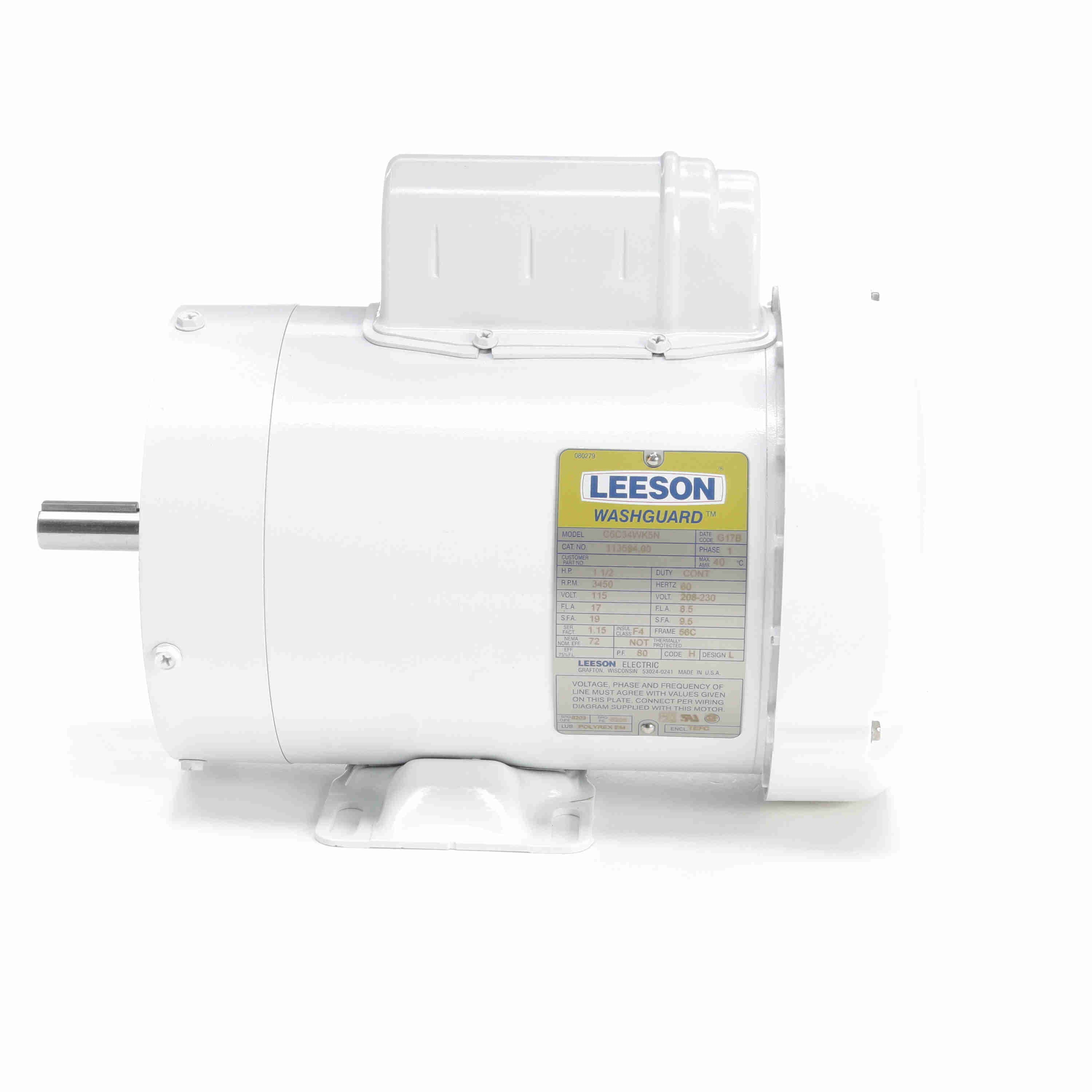 Leeson Washguard Electric Motor, 1.5HP, 1800RPM