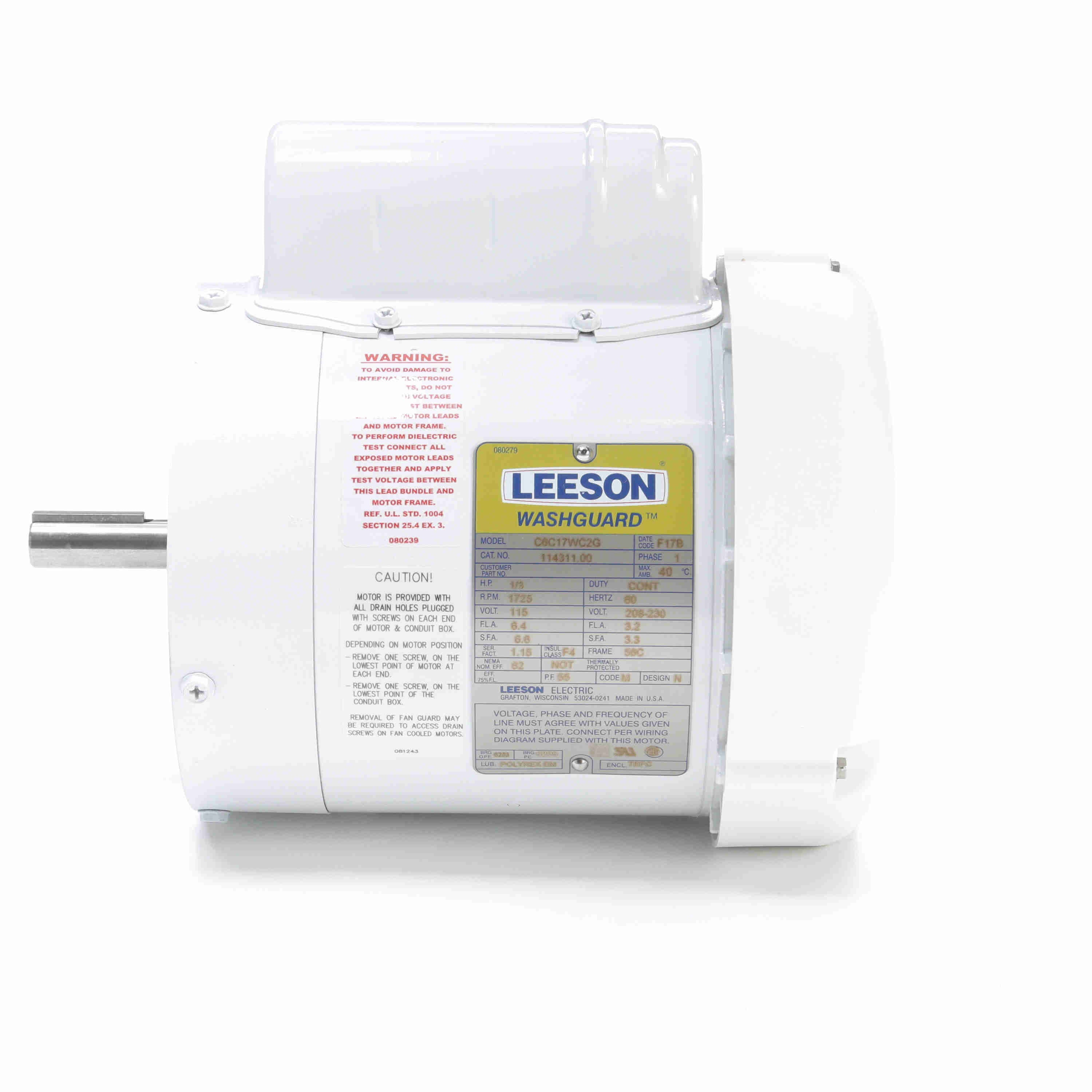 Leeson Washguard Electric Motor, 1/3HP, 1800RPM