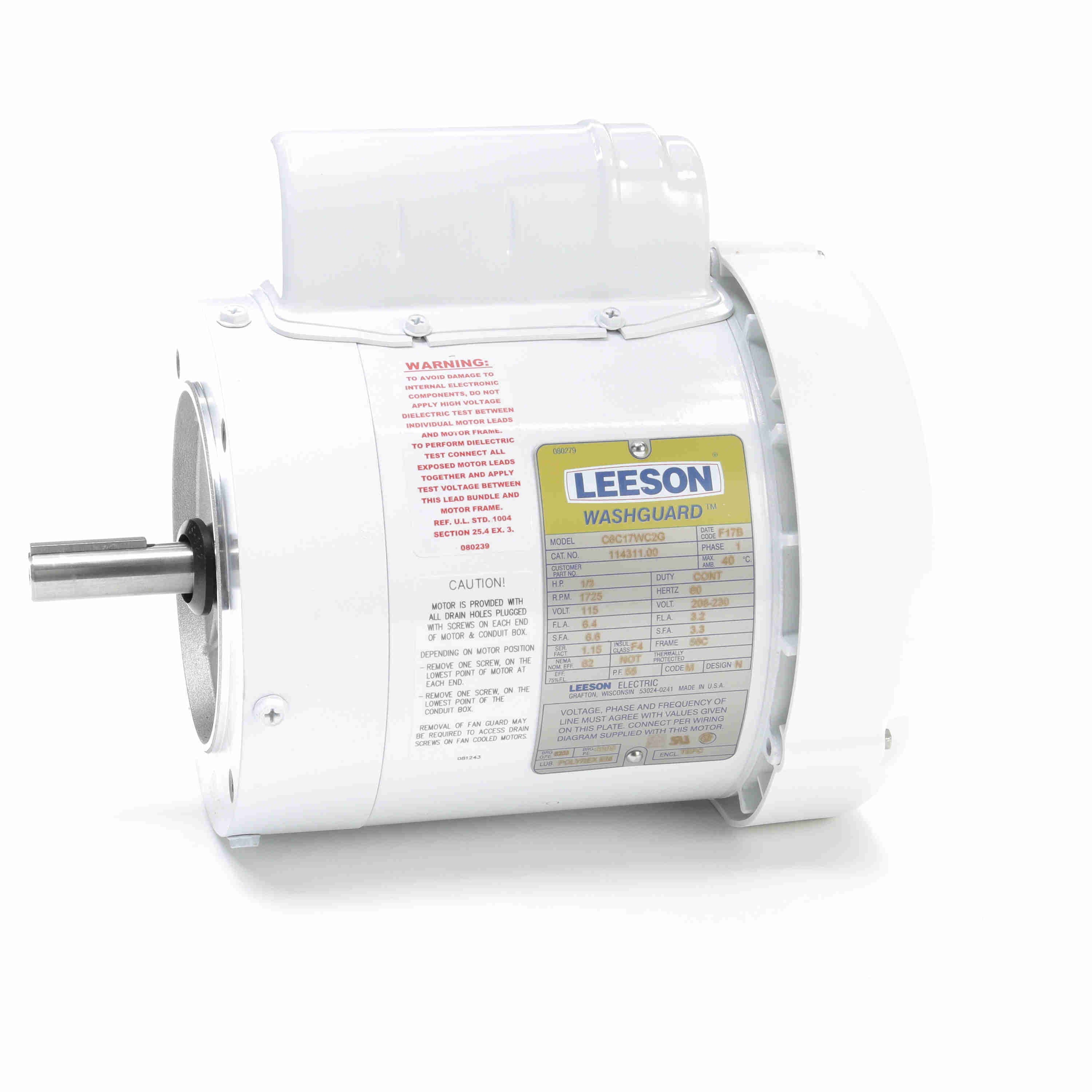 Leeson Washguard Electric Motor, 1/3HP, 1800RPM