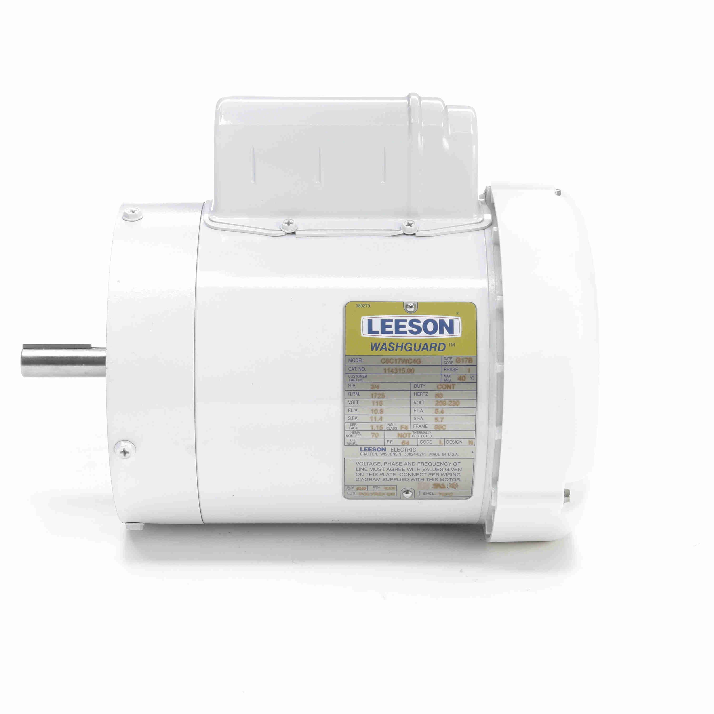 Leeson Washguard Electric Motor, 3/4HP, 1800RPM