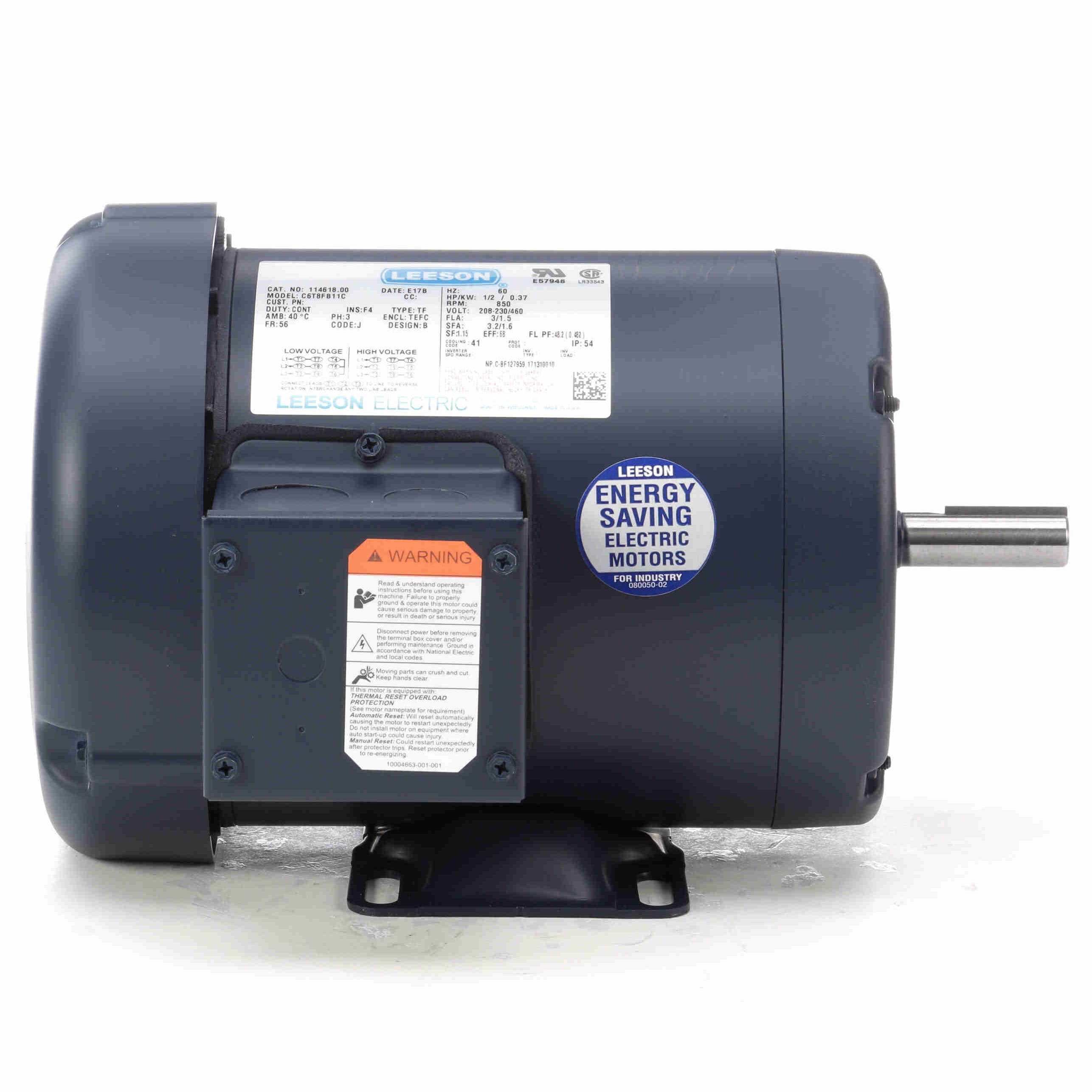 114618.00 Leeson 1/2HP General Purpose Electric Motor, 850RPM