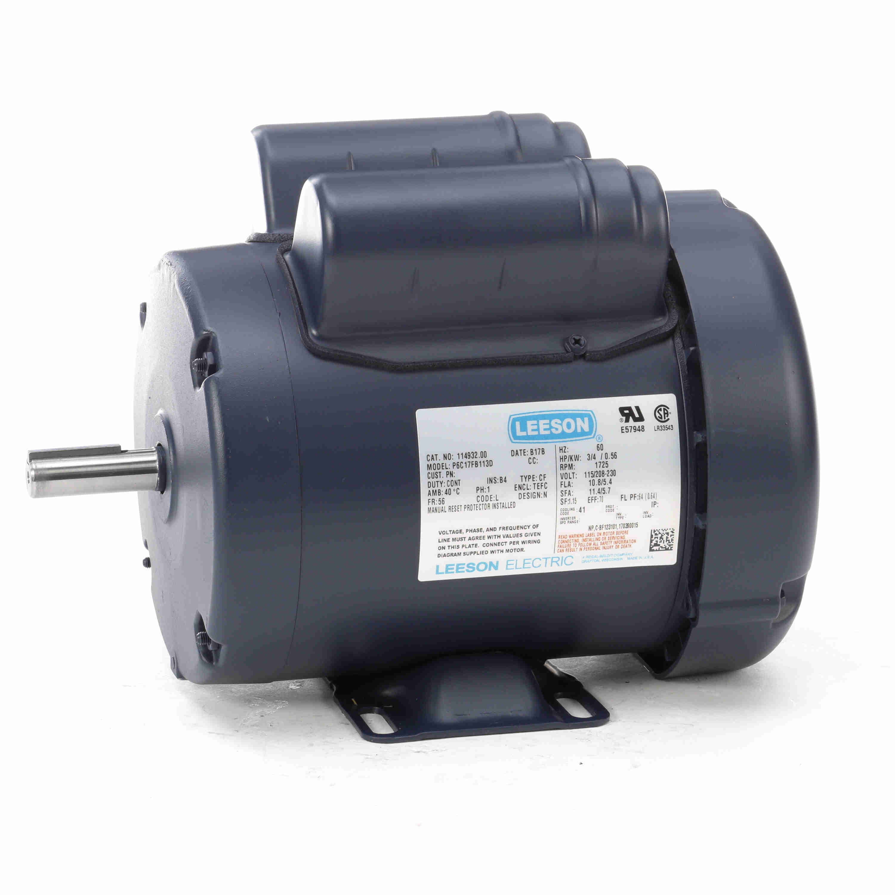 114932.00 Leeson 3/4HP Instant Reversing Electric Motor, 1725RPM - 0