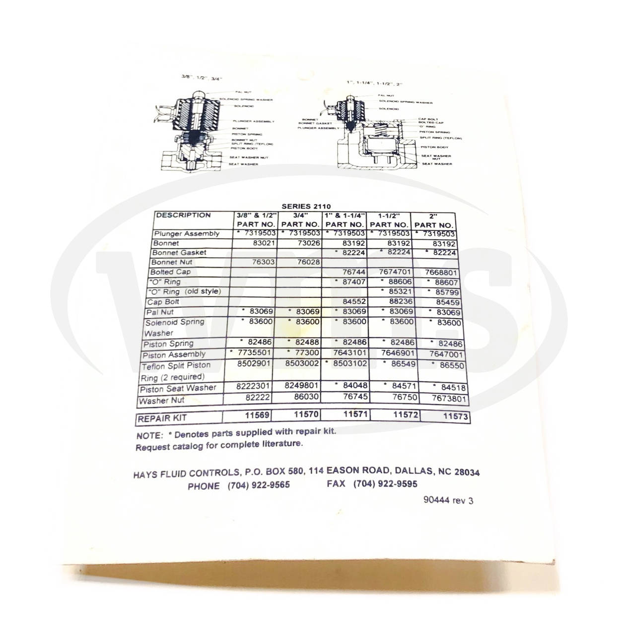 11571 Hays Fluid Controls Electro-Flo Repair Kit Series 2110