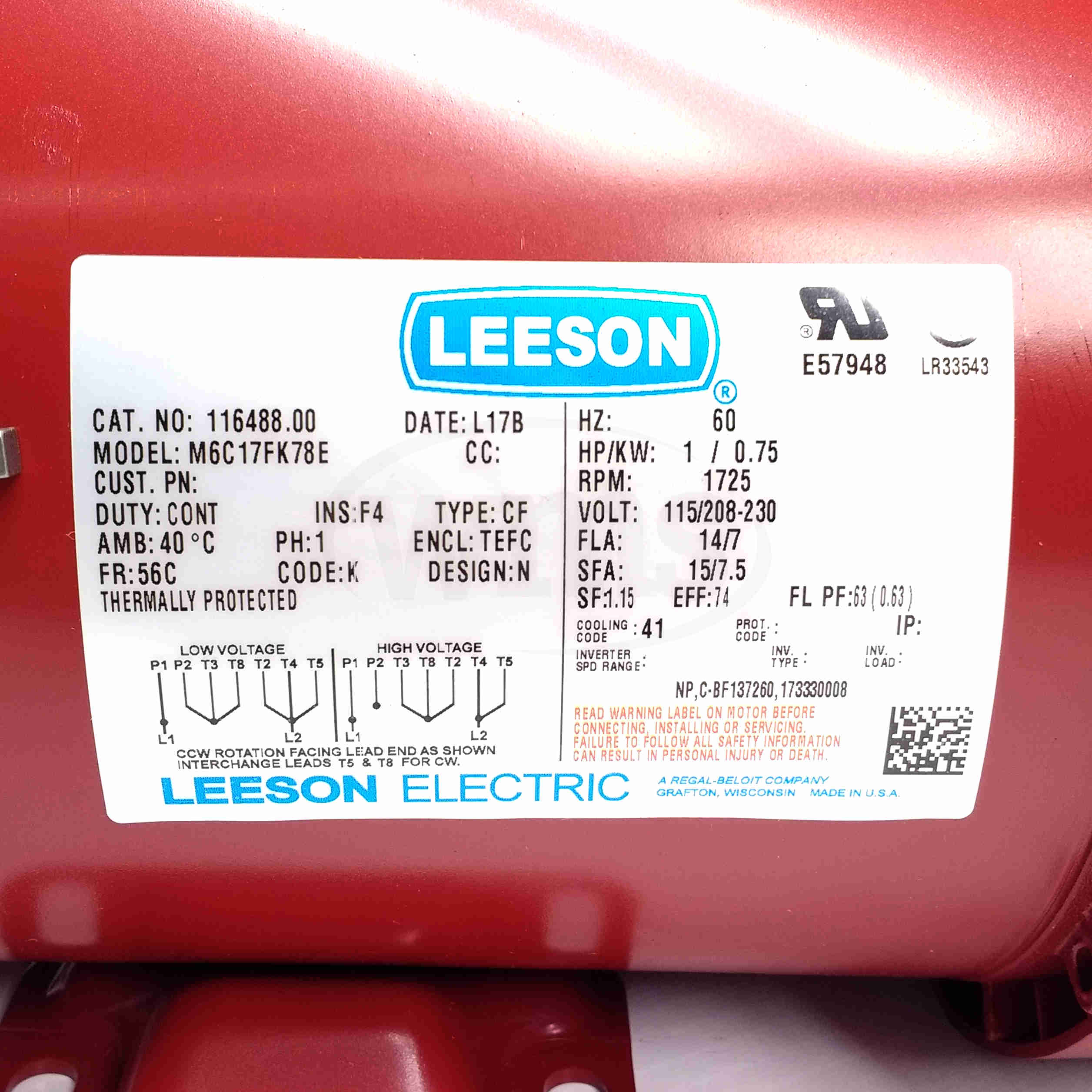 1HP Leeson Hi-Torque Agriculture Duty Electric Motor