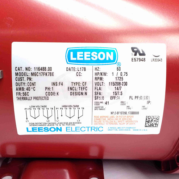 116488.00 1HP Leeson Ag Duty Electric Motor