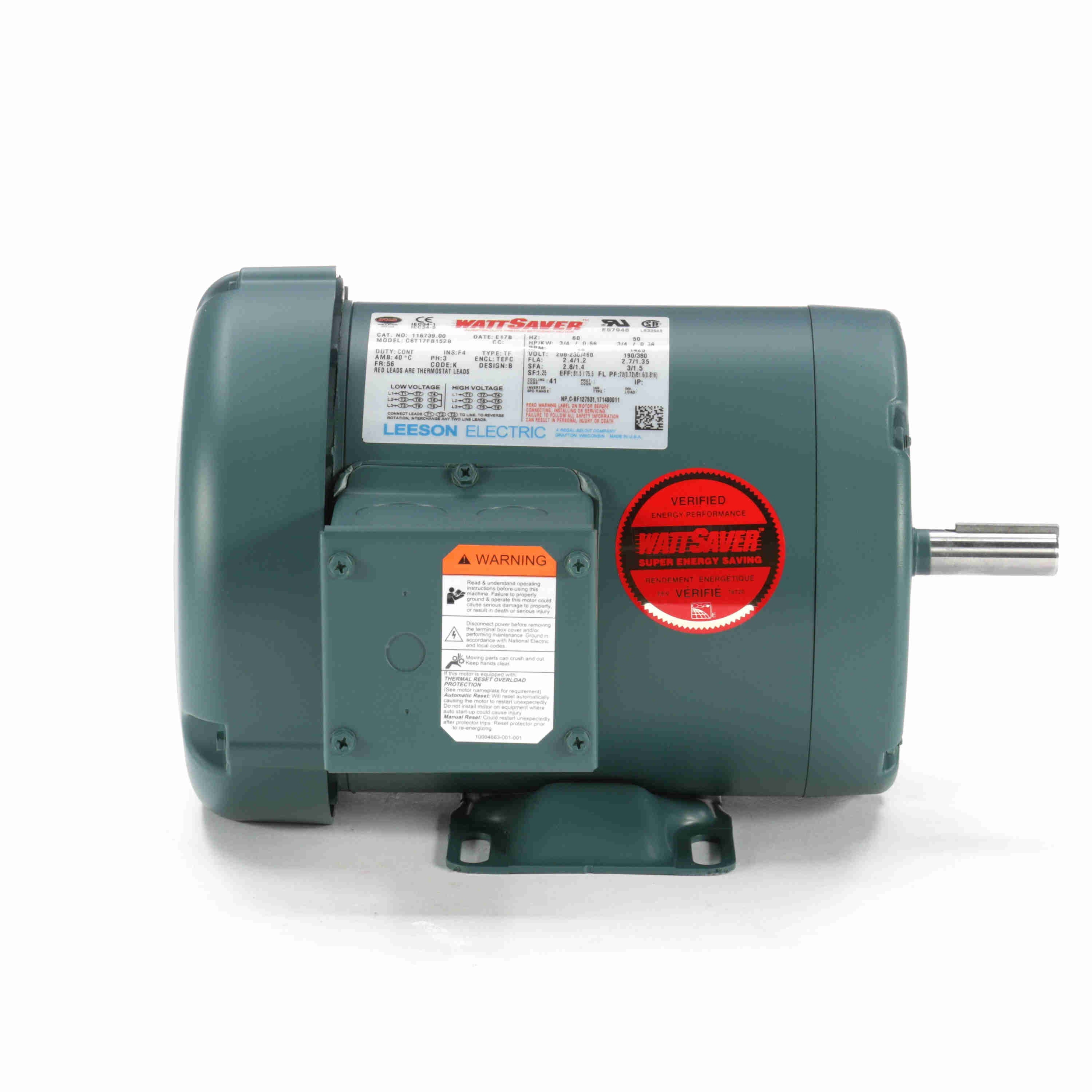 116739.00 Leeson 3/4HP Wattsaver General Purpose Electric Motor, 1725RPM