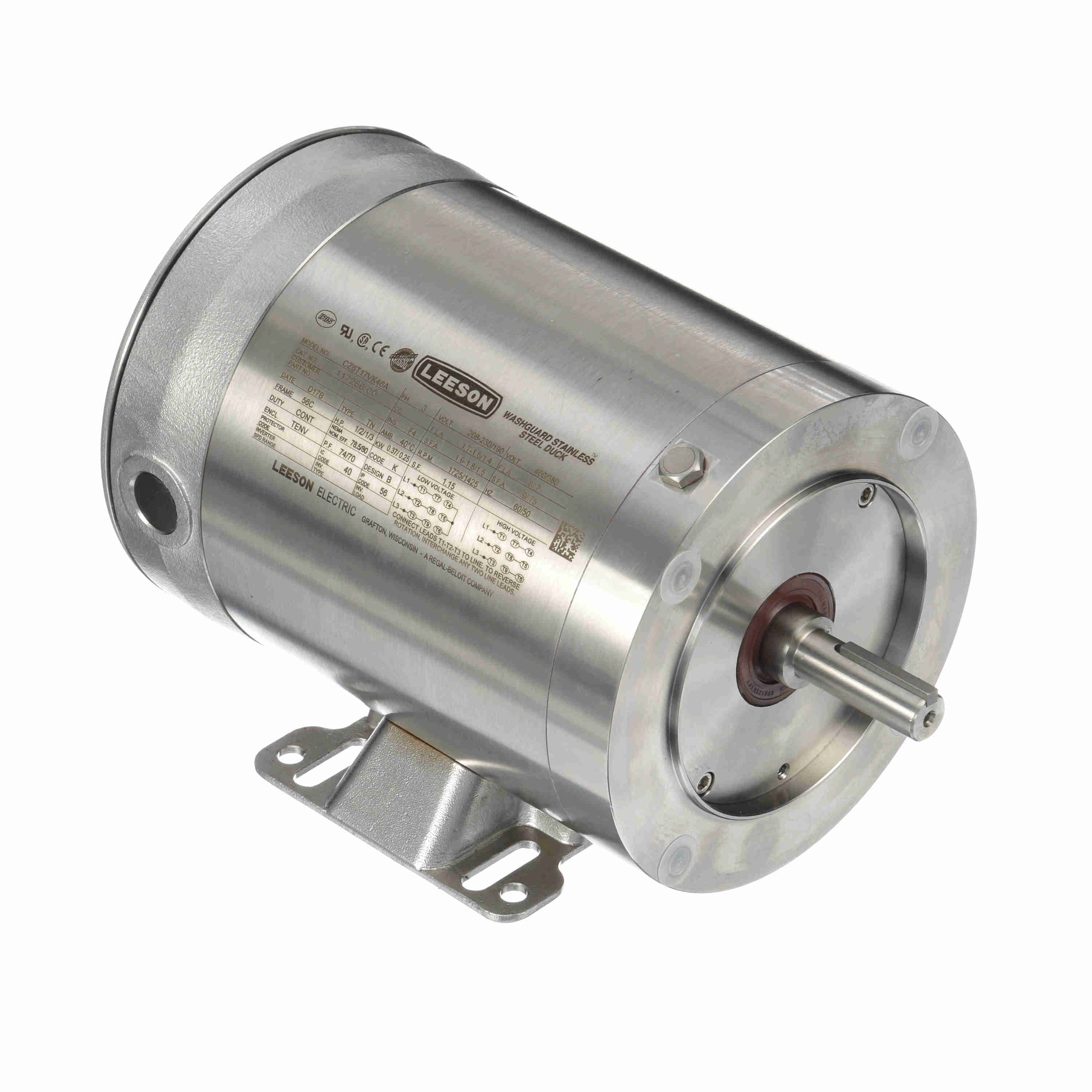 117266.00 Leeson 1/2HP Washguard Stainless Steel Electric Motor, 1725RPM