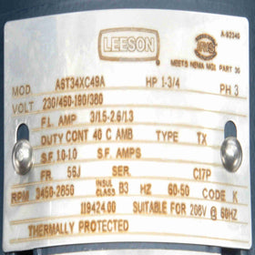 119424.00 Leeson 1HP Explosion Proof Electric Motor, 3600RPM