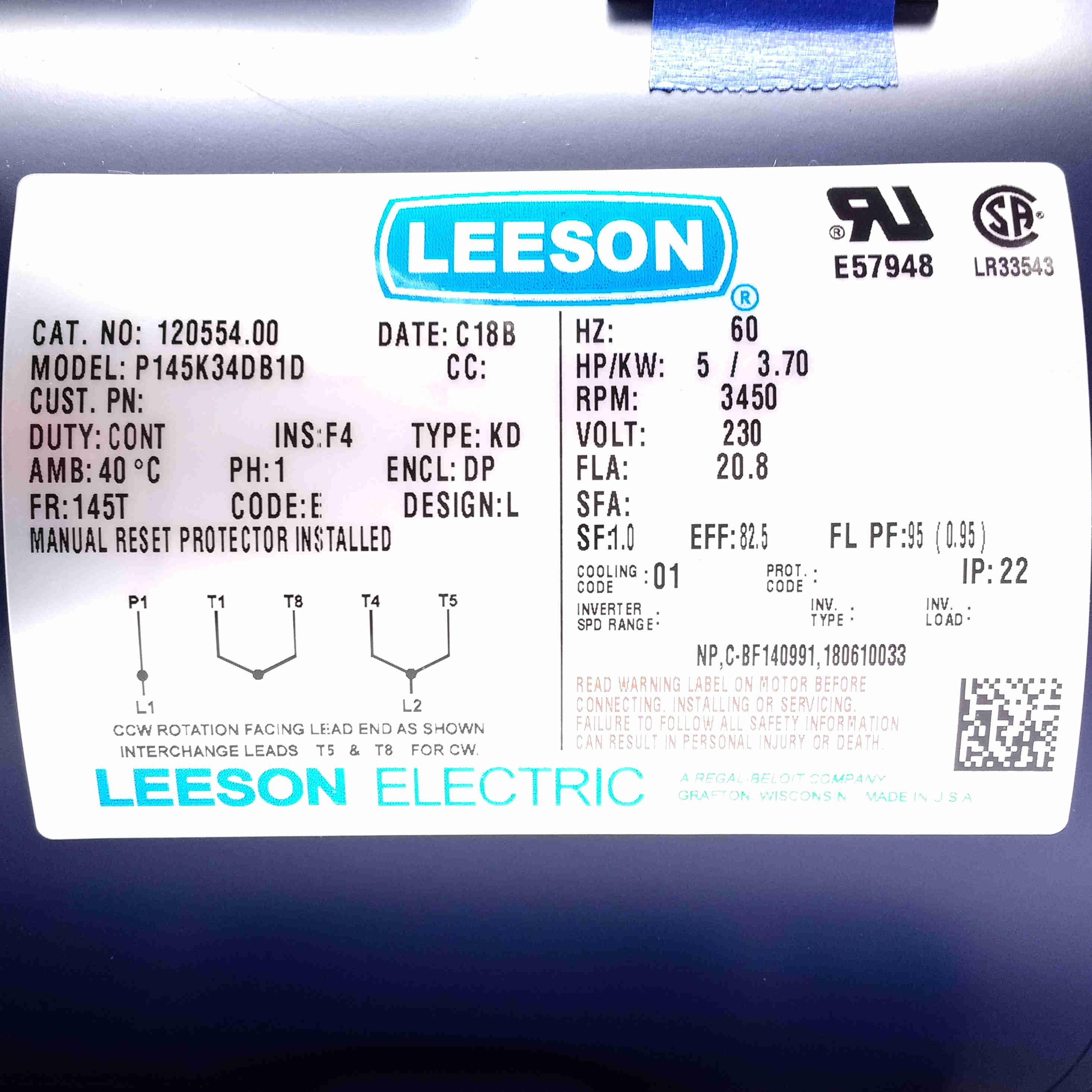 120554.00 Leeson 5HP Electric Motor