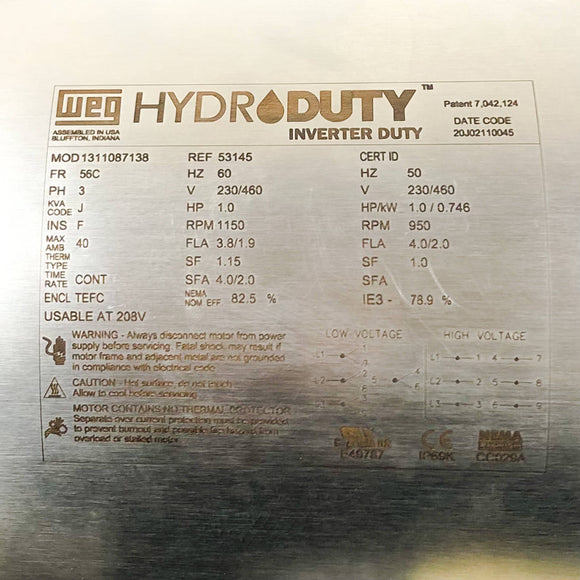 1311087138 WEG 1HP Hydroduty Washdown Electric Motor, 1140RPM