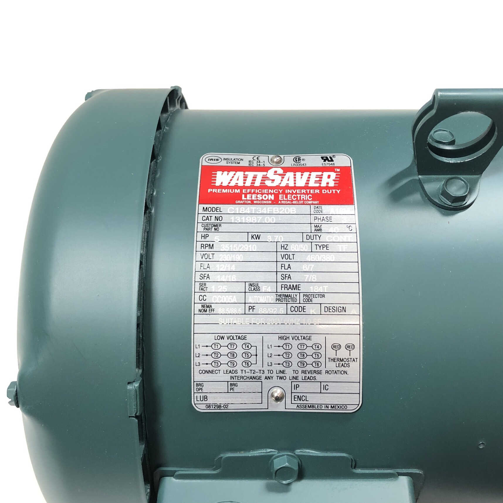 131987.00 Leeson 5HP, 1765 RPM, 60/50 Hz Industrial Motor, 3 Ph
