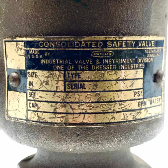 1485 Dresser Consolidated Safety Valve, Size 1" Set 160 P.S.I
