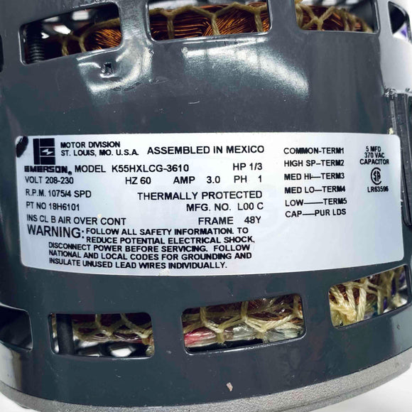 18H6101 Lennox Emerson 1/3Hp Blower Motor, RPM: 1075/4, Fr:48Y K55HXLCG-3610