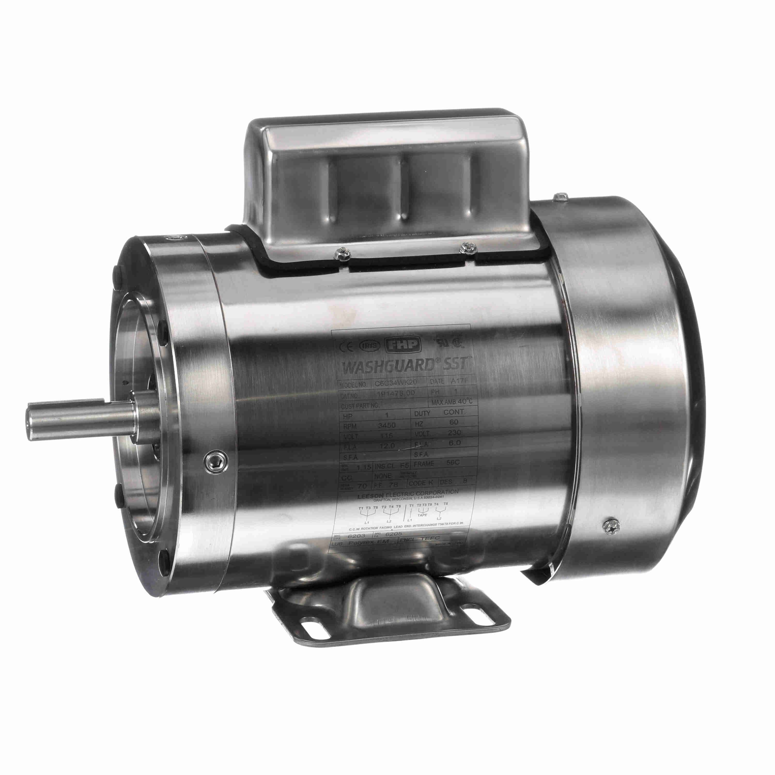 1HP Leeson Electric Stainless Steel Motor, Washdown Duty