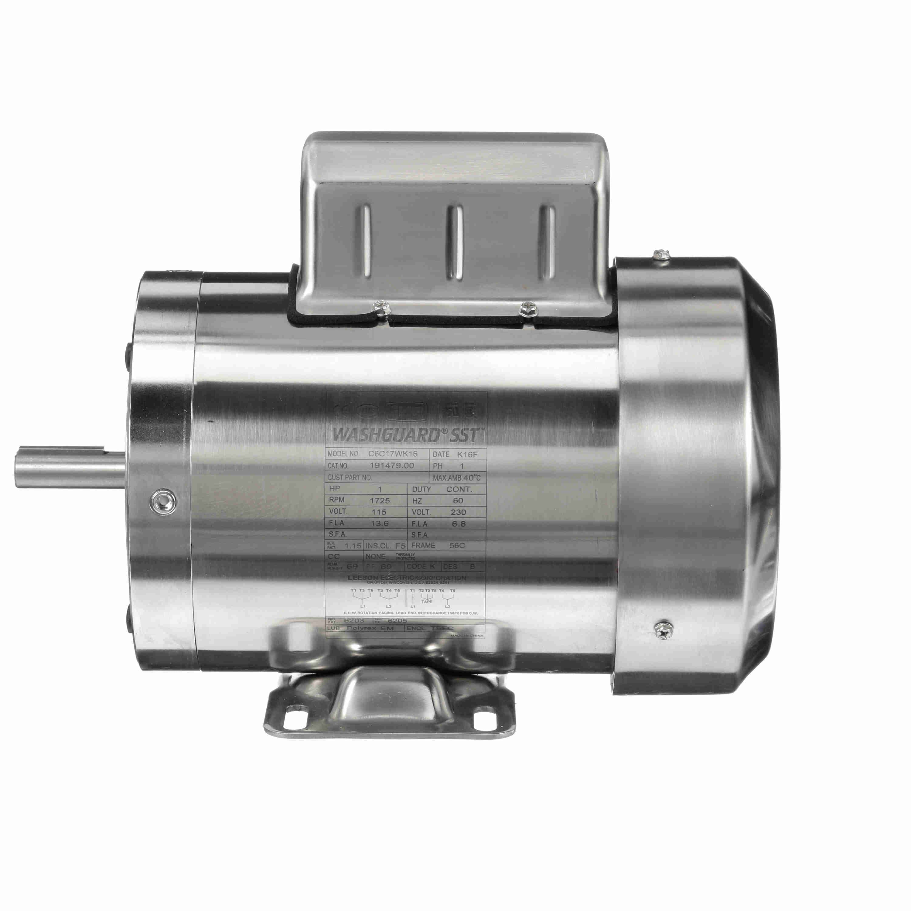 1HP Leeson Electric Stainless Steel Motor, Washdown Duty