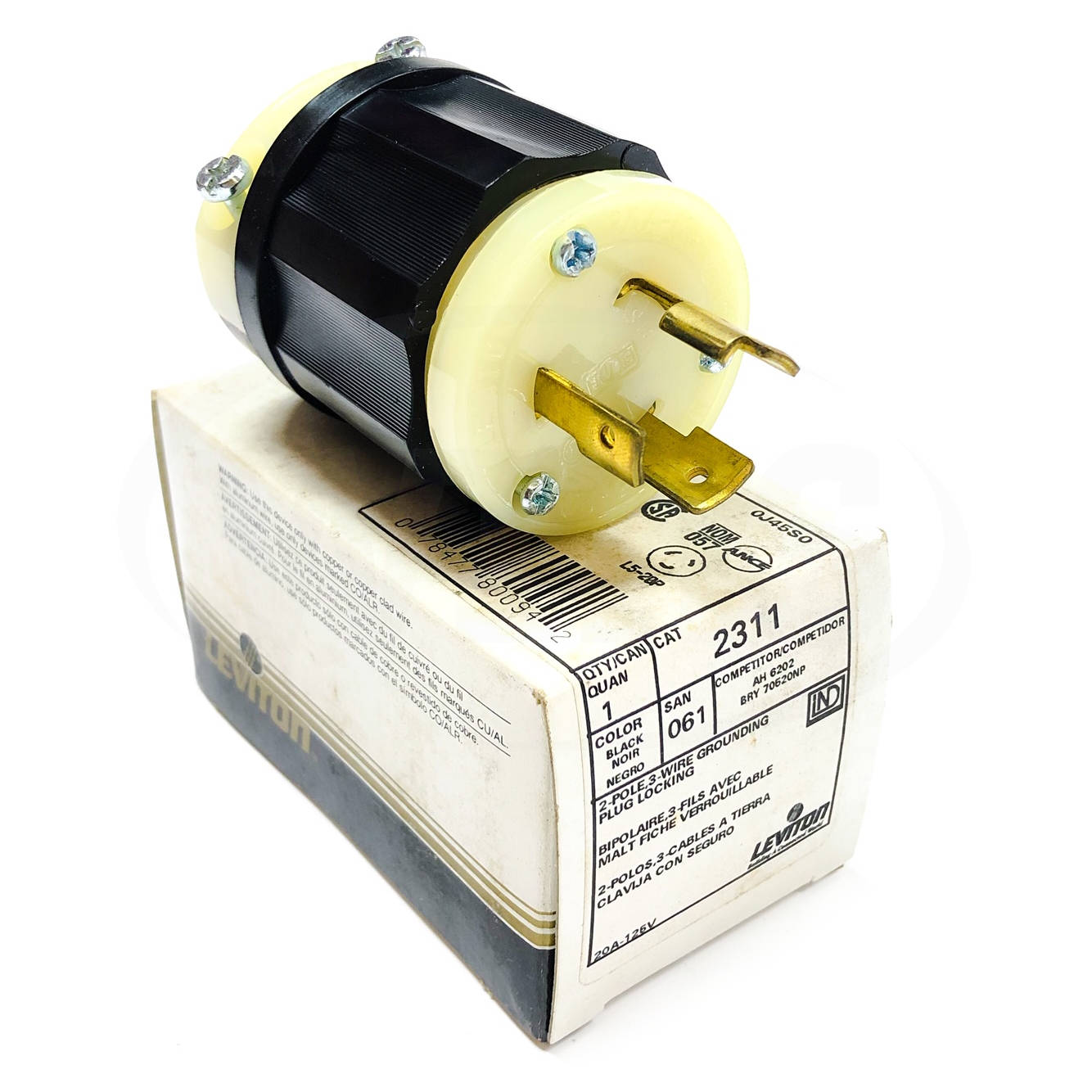 2311 Leviton Locking Plug, 20A, 125V, Industrial Grade, Black&White, Nema L5-20P - 0