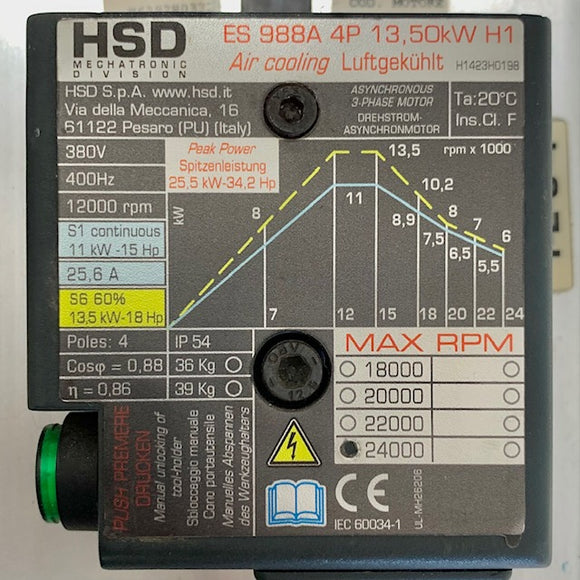 ES-988A-4P-13.5kW HSD 3PH, 2400RPM, 380V Industrial Routing Spindle Motor