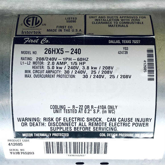 26HX5-240 First Co. Thermally Protected Ceiling Fan Coil, 208/240V, 1Ph, 60Hz