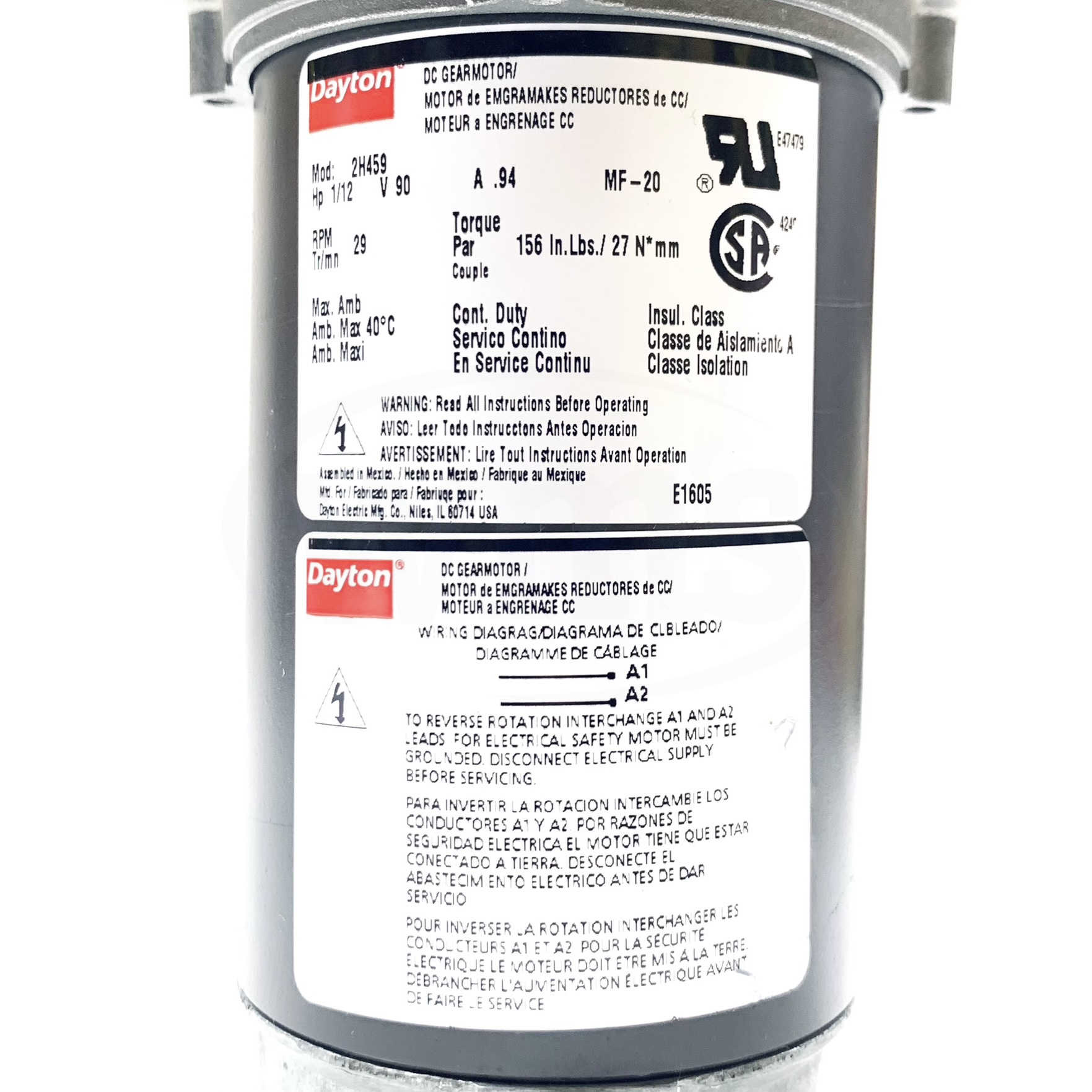 2H459 Dayton DC 1/12HP Gearmotor, RPM 29, 90V, MF-20 - 0