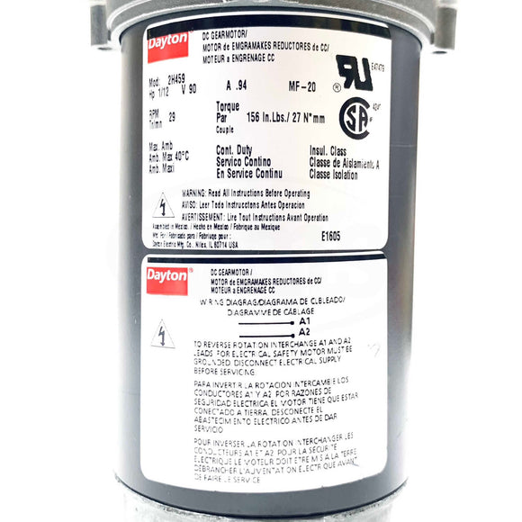 2H459 Dayton DC 1/12HP Gearmotor, RPM 29, 90V, MF-20