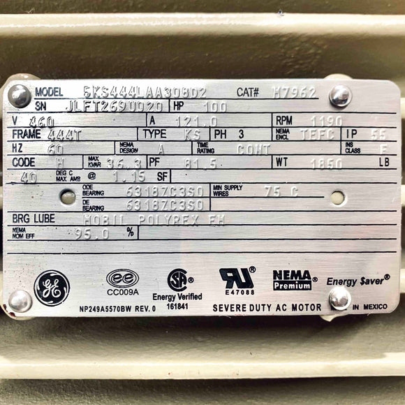 5KS444LAA308D2 100HP General Electric Motor, 1190 Rpm , 460V, 444T Frame,