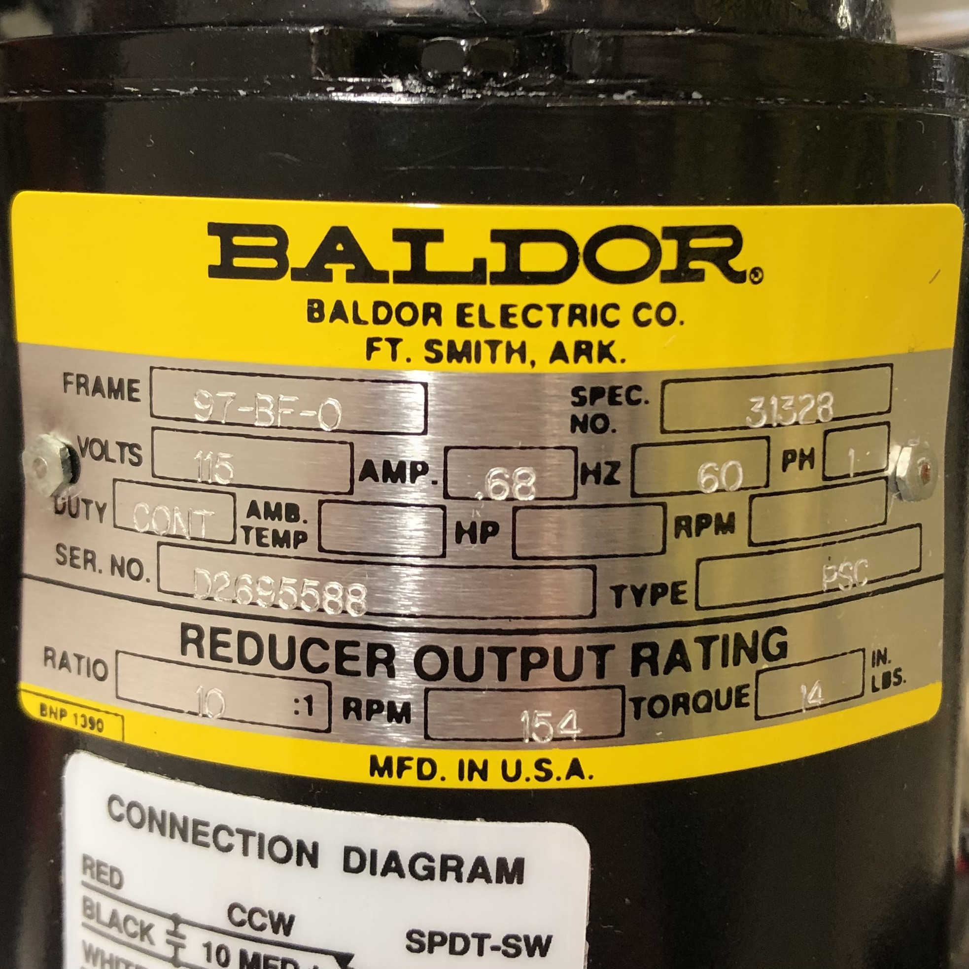 31328 Baldor Motor 97-BF-0 Frame, 115V, .68Amp 60Hz, 1Ph