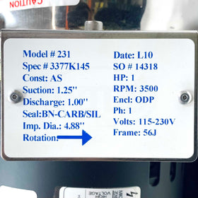 3377K145 Advantage Eng. Pump, Model 231, 1HP Pump Motor, 3495RPM, 115/208-230V, - 0