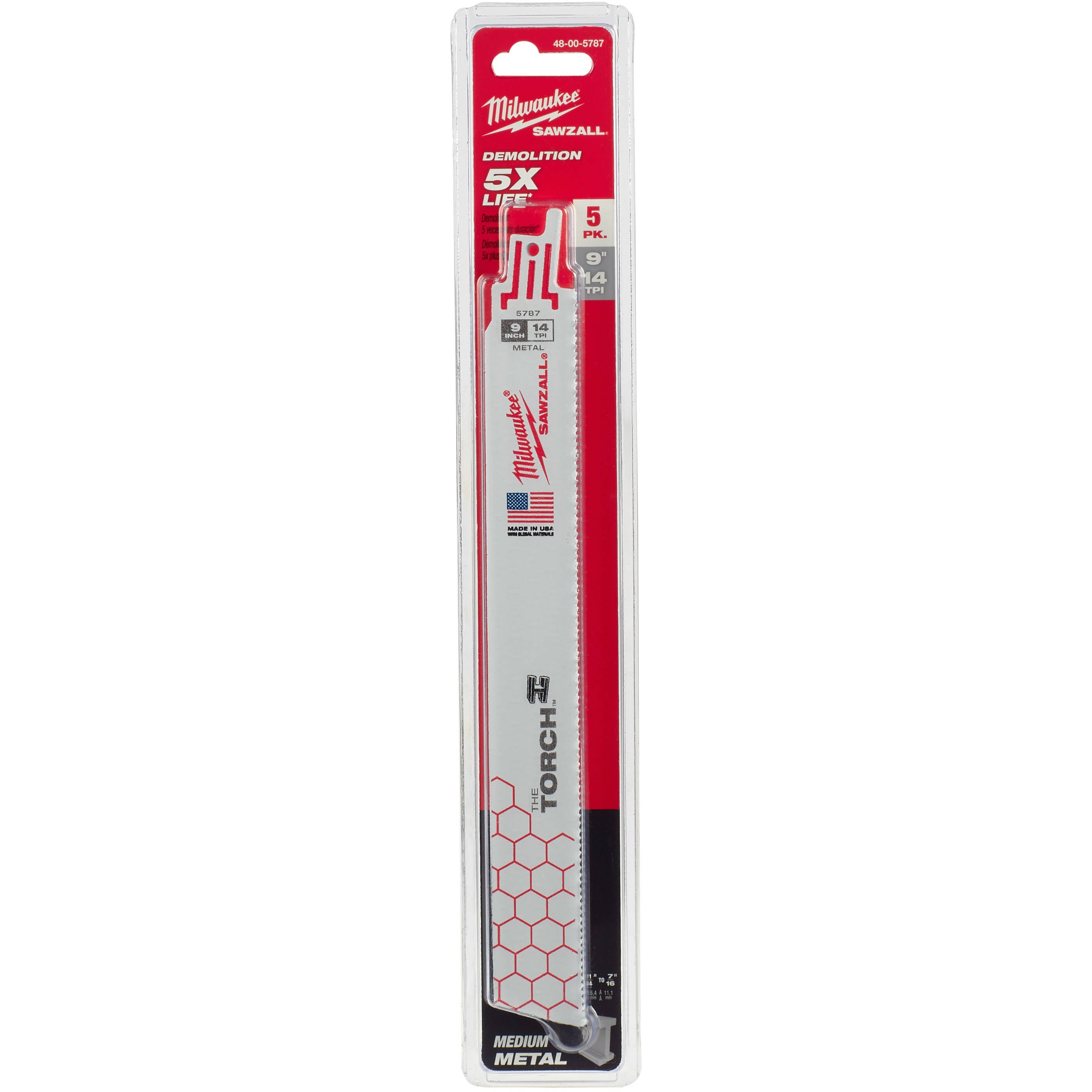 48-00-5787 Milwaukee 9" 14 TPI The Torch SAWZALL Blades, 5 Pack