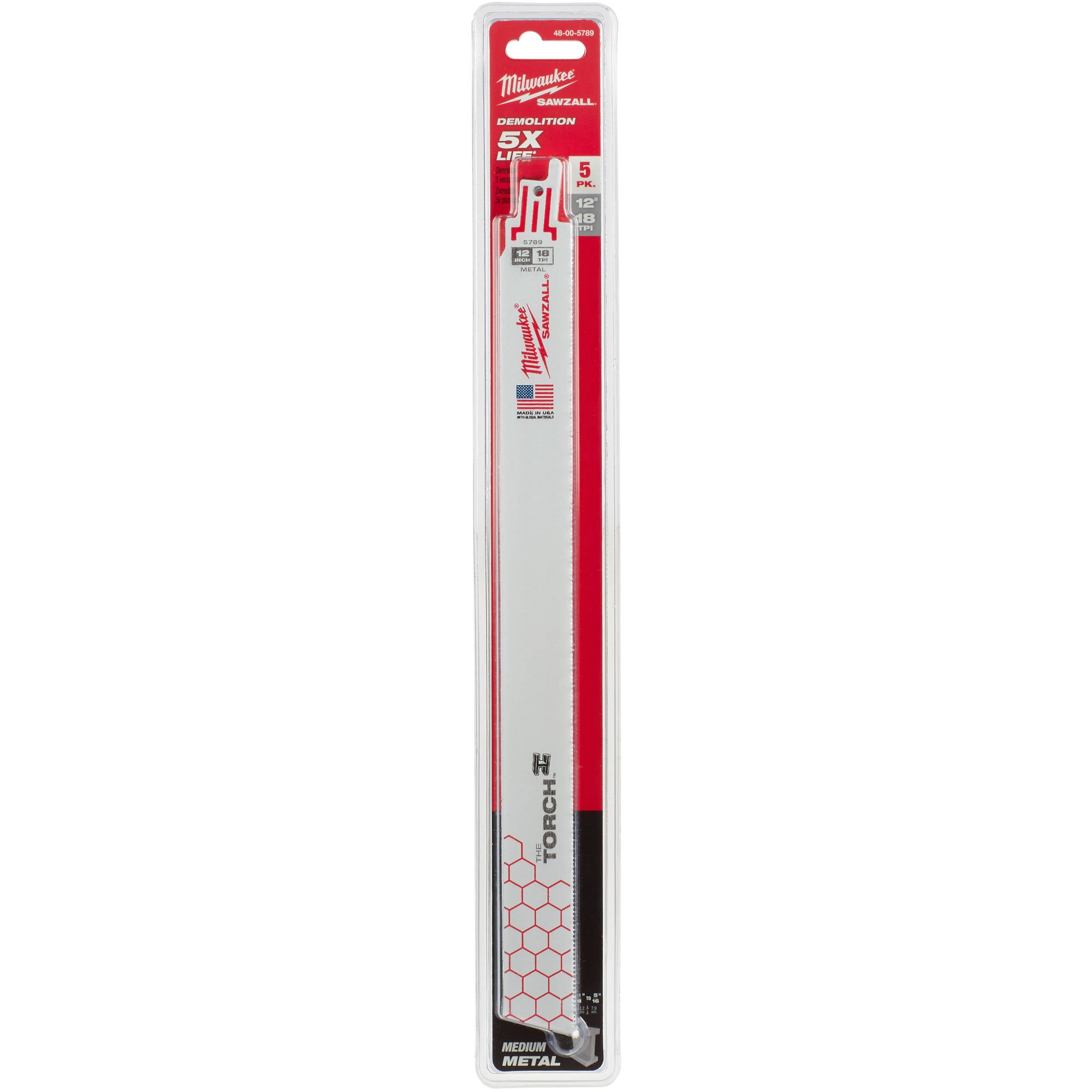 48-00-5789 Milwaukee 12" 18 TPI  The Torch SAWZALL Blades, 5 Pack