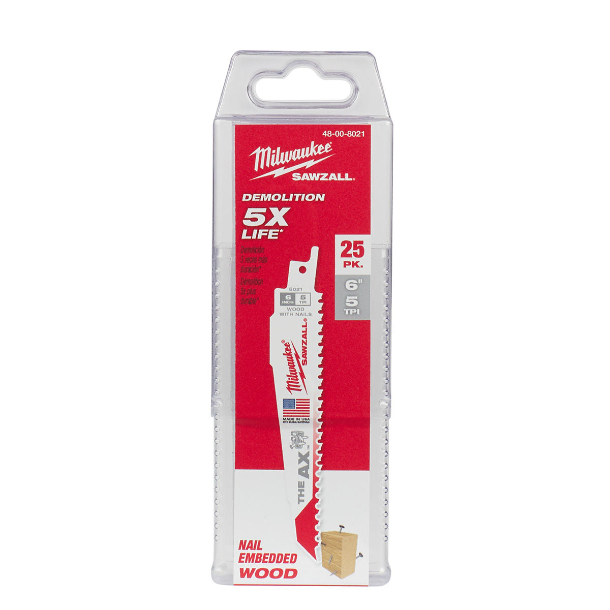 48-00-8021 Milwaukee 6" 5 TPI The Ax Sawzall Blade, 25 Pack