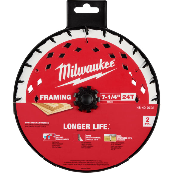 48-40-0722 Milwaukee 7-1/4" 24T Framing Saw Blade, 2-Pack